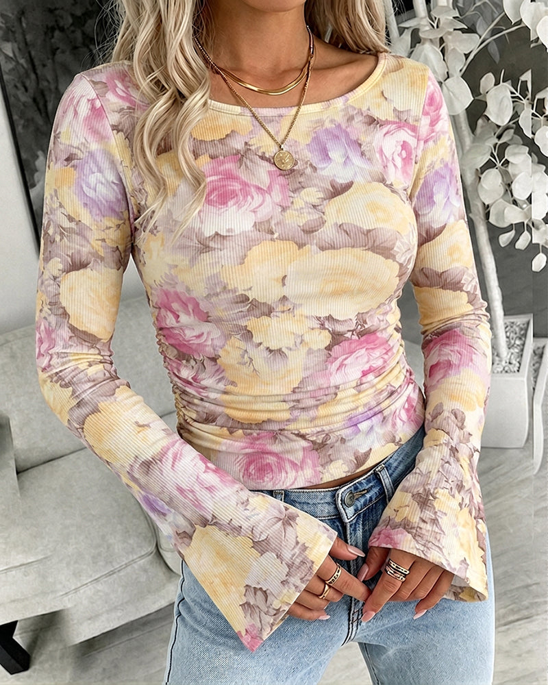 Women's Vintage Oil Painting Floral Boat Neck Flare Long Sleeve Ruched Crop Top