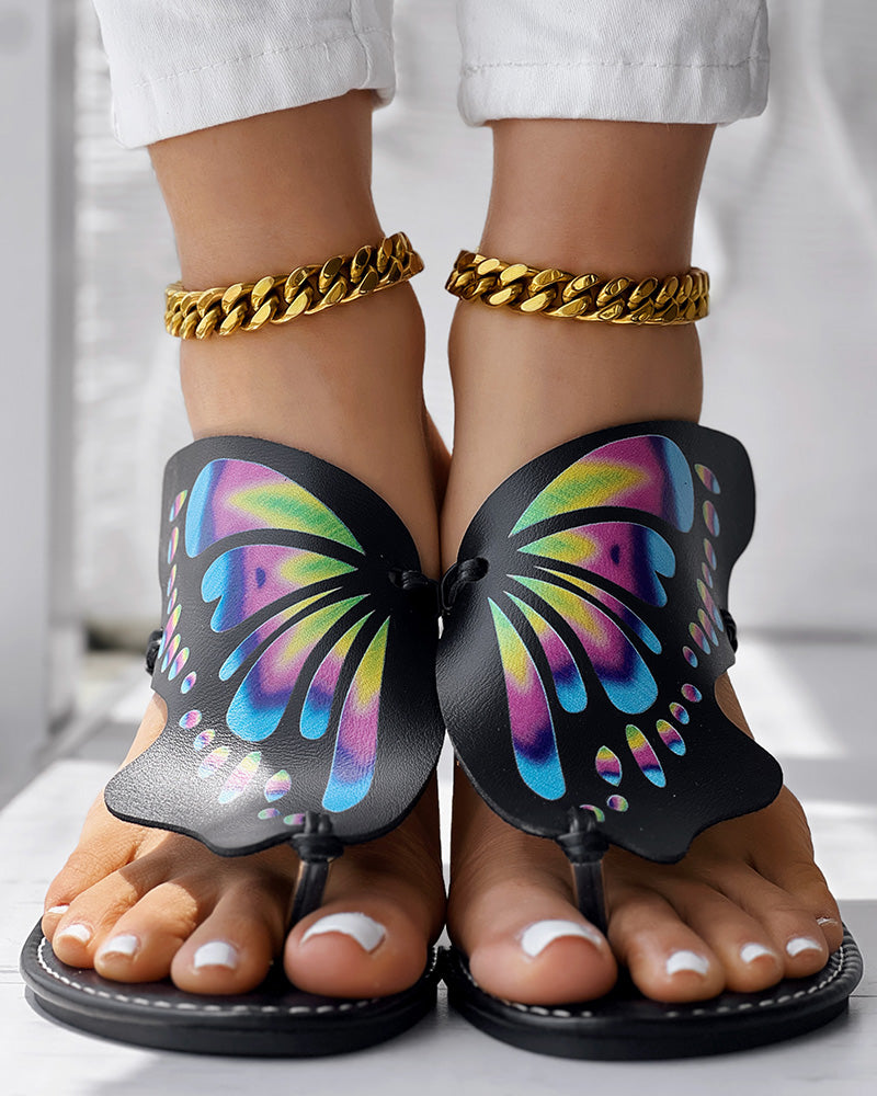 Colorblock Butterfly Print Toe Post Slippers