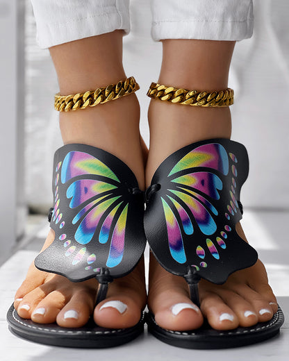 Colorblock Butterfly Print Toe Post Slippers