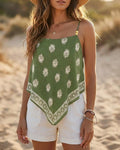 Women's Bohemian Retro Print Cami Top Adjustable Spaghetti Strap Square Neck Tank Backless Tied Detail Vacation Beaded Top