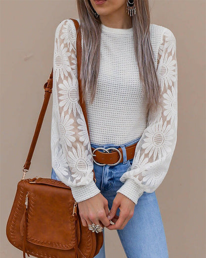 Women's Crewneck Long Sleeve Lace Sunflower Patchwork Waffle Knit Top