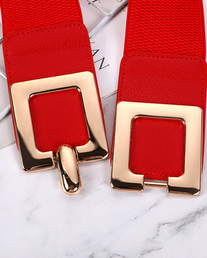 Wide Elastic Belt Fashion Square Gold Buckle Stretch Dress Belt Waistband