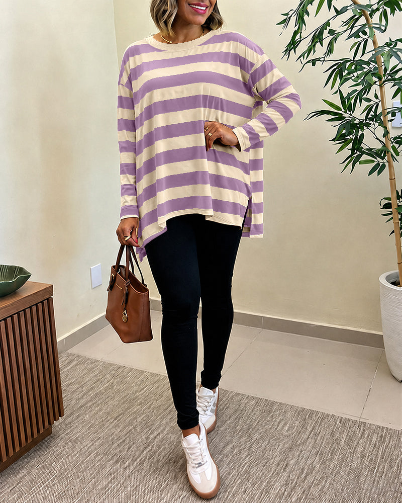 Women's Striped T Shirt Long Sleeve Drop Shoulder Crewneck Tee Side Slit Casual Loose Fit Top