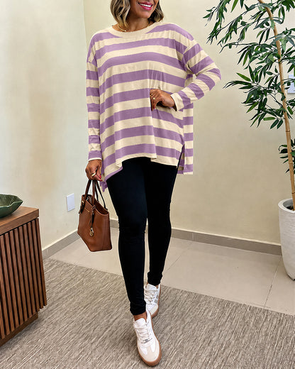 Women's Striped T Shirt Long Sleeve Drop Shoulder Crewneck Tee Side Slit Casual Loose Fit Top