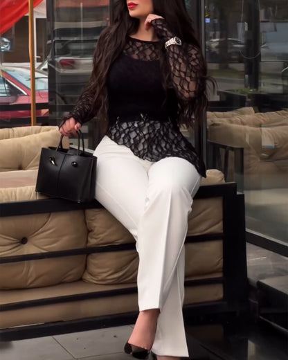 Long Sleeve Cinched Waist Asymmetrical Hem Textured Sheer Lace Top