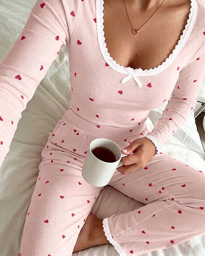 Women's 2 Piece Heart Print Lounge Set Lace Trim Rib-Knit Pajama Set Slim Fit Long Sleeve Top and Pants with Pockets