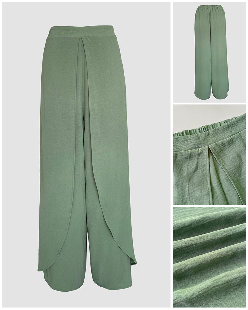 2 Pieces Outfit Cold Shoulder Ruched Batwing Sleeve Top and Casual Elastic Back Wrapped Slit Wide Leg Pants Set