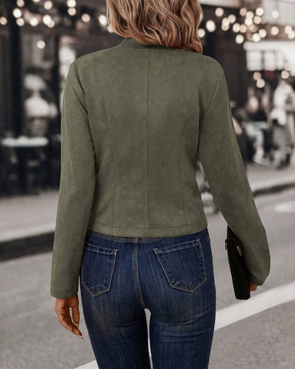 Faux Suede Stand Collar Jacket Open Front Button Decor Casual Coat