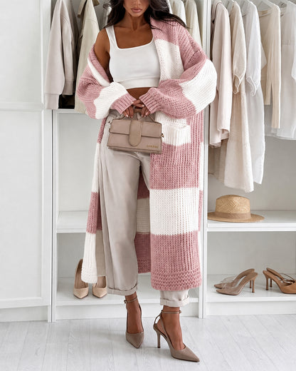 Women's Checkerboard Knit Cardigan Oversized Long Chunky Sweater Loose Lantern Sleeve Coat with Pockets