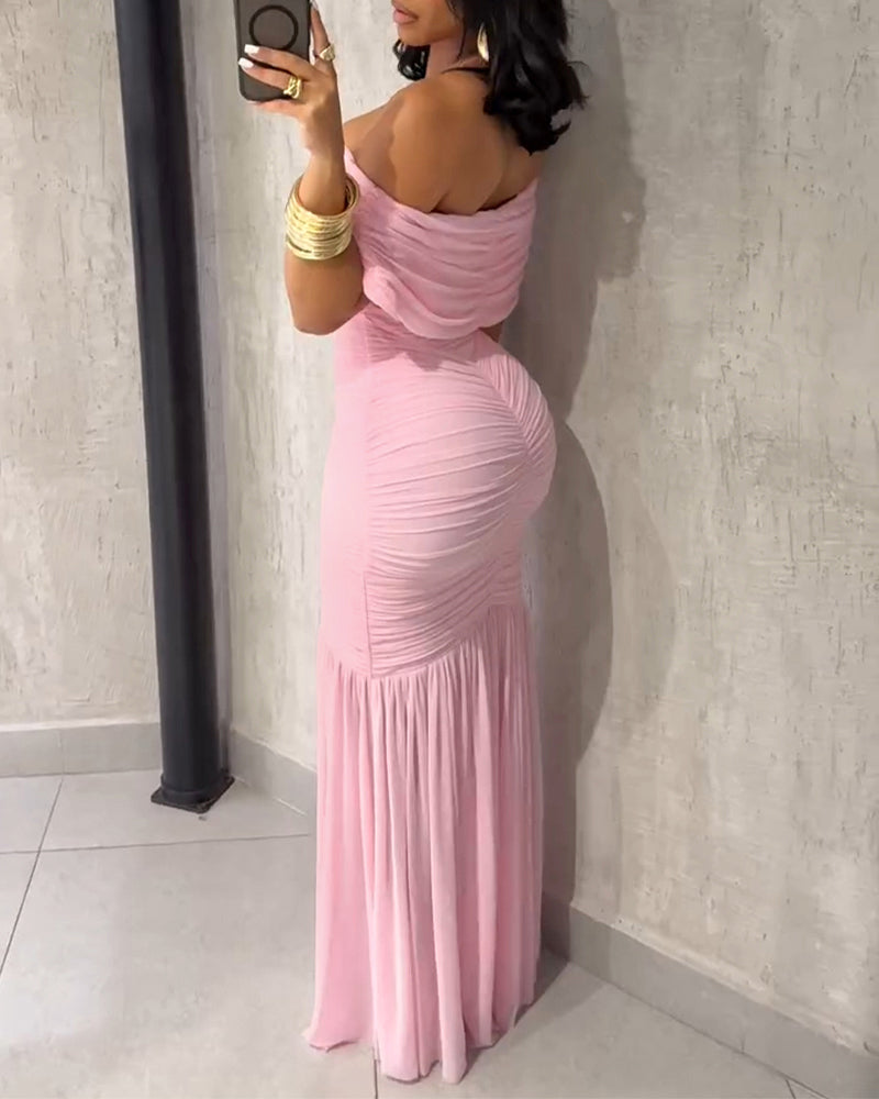 Foldover Off Shoulder Ruched Cinched Waist Minimalist Evening Dress Slim Fit Mermaid Hem Party Dress