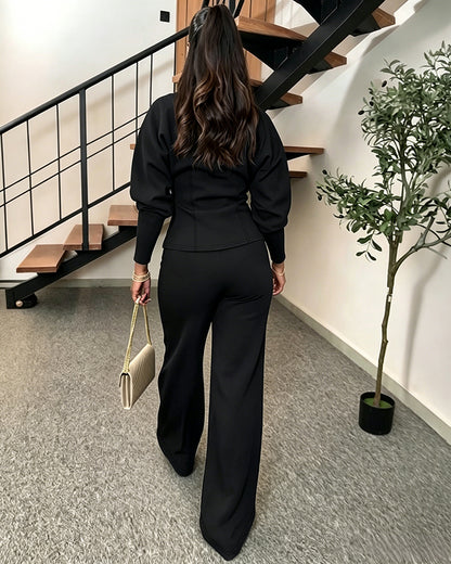 Women's 2 Piece Set V-Neck Cinched Waist Gigot Sleeve Top and High Waist Wide Leg Pants Elegant Set