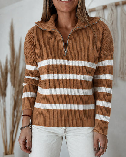 Women's Half Zip Striped Sweater Colorblock Turn-down Collar Knit Pullover Drop Shoulder Loose Fit Top