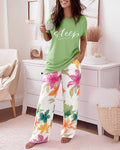 Women's 2 Piece Pajama Set Sleep Letter Print Top and High Waisted Floral Pants Casual Loungewear with Pockets