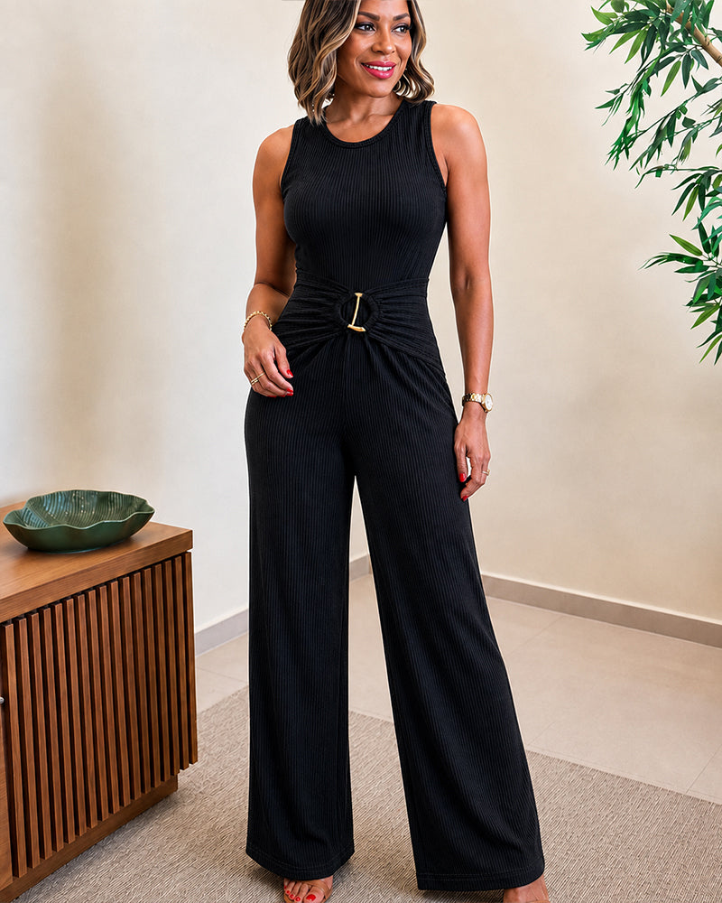 Women's Hollow-out Ribbed Wide Leg Jumpsuit Sleeveless Gold Ring Overalls