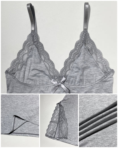 2 Piece Lace Trim Side Slit Bowknot Decor Modal Cami Sleep Dress Cardigan Nightdress Set