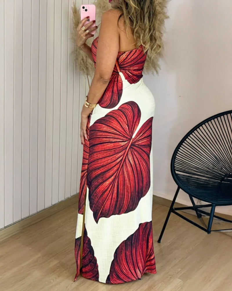 Tropical Print One Shoulder Bodycon Slit Dress Sexy Slim Fit Maxi Dress