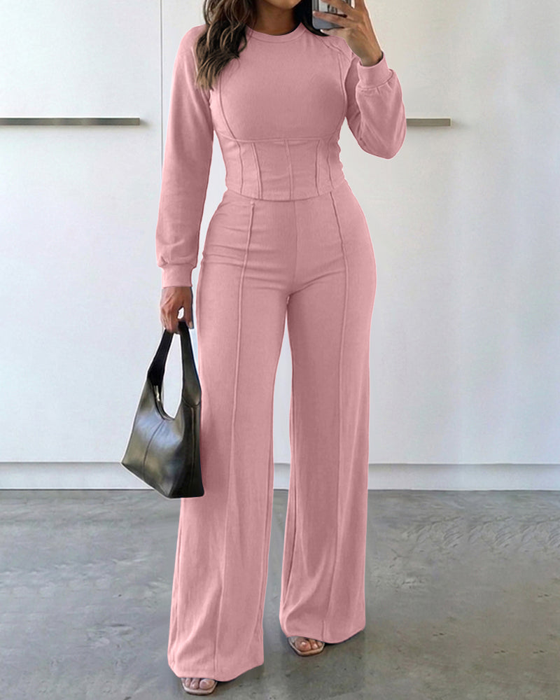 2 Pieces Outfit O-neck Long Sleeve Cinched Waist Sweatshirt and Elastic Waist Wide Leg Pants Set Casual Seam Design Sweatpants Set