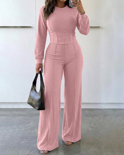 2 Pieces Outfit O-neck Long Sleeve Cinched Waist Sweatshirt and Elastic Waist Wide Leg Pants Set Casual Seam Design Sweatpants Set