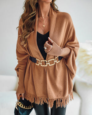 Quasten-Design, langärmelig, Schlitz-Cardigan, modischer, vielseitiger, warmer Cape-Schal