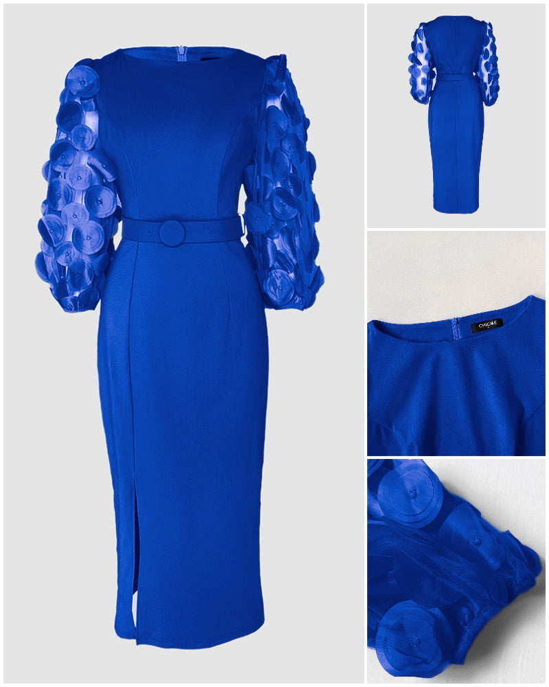 3D Polka Dot Appliques Mesh Lantern Sleeve Zipper Back Slit Work Dress Cinched Waist Slim Fit Mid Length Dress With Belt