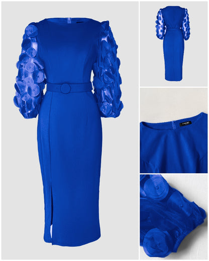 3D Polka Dot Appliques Mesh Lantern Sleeve Zipper Back Slit Work Dress Cinched Waist Slim Fit Mid Length Dress With Belt