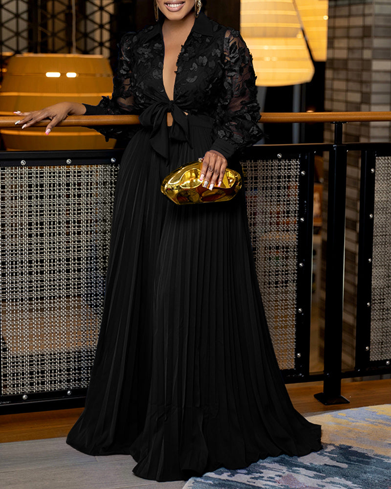 Jacquard Sheer Mesh Patch Turn-down Collar Jumpsuit Elegant Waist Tied Detail Pleated Flare Romper