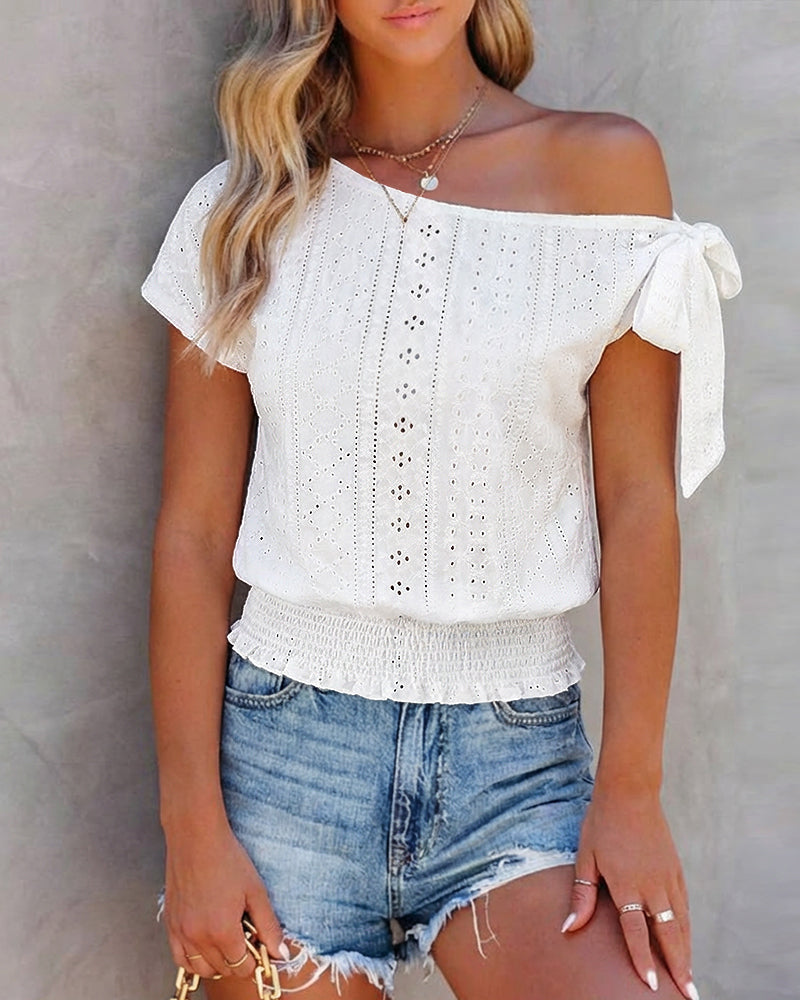 Skew Neck Bow Tie One Side Hollow-out Textured Tee Casual Shirred Hem Top