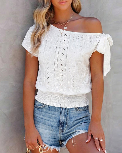 Skew Neck Bow Tie One Side Hollow-out Textured Tee Casual Shirred Hem Top