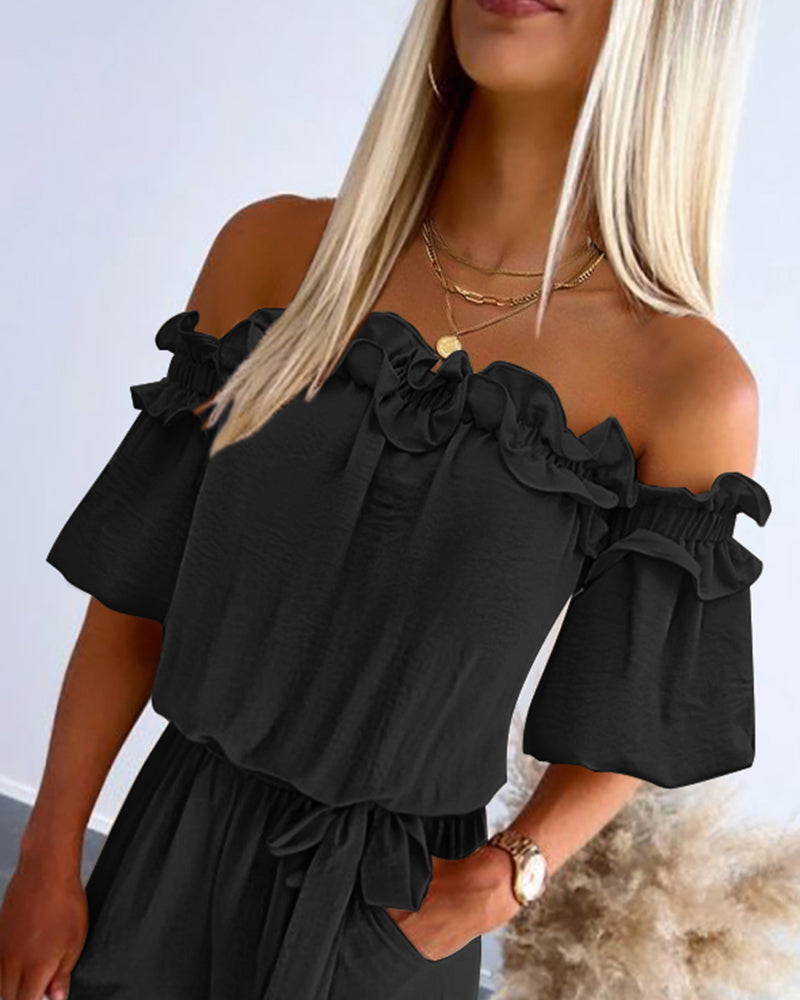 Off Shoulder Frill Hem Tied Detail Jumpsuit
