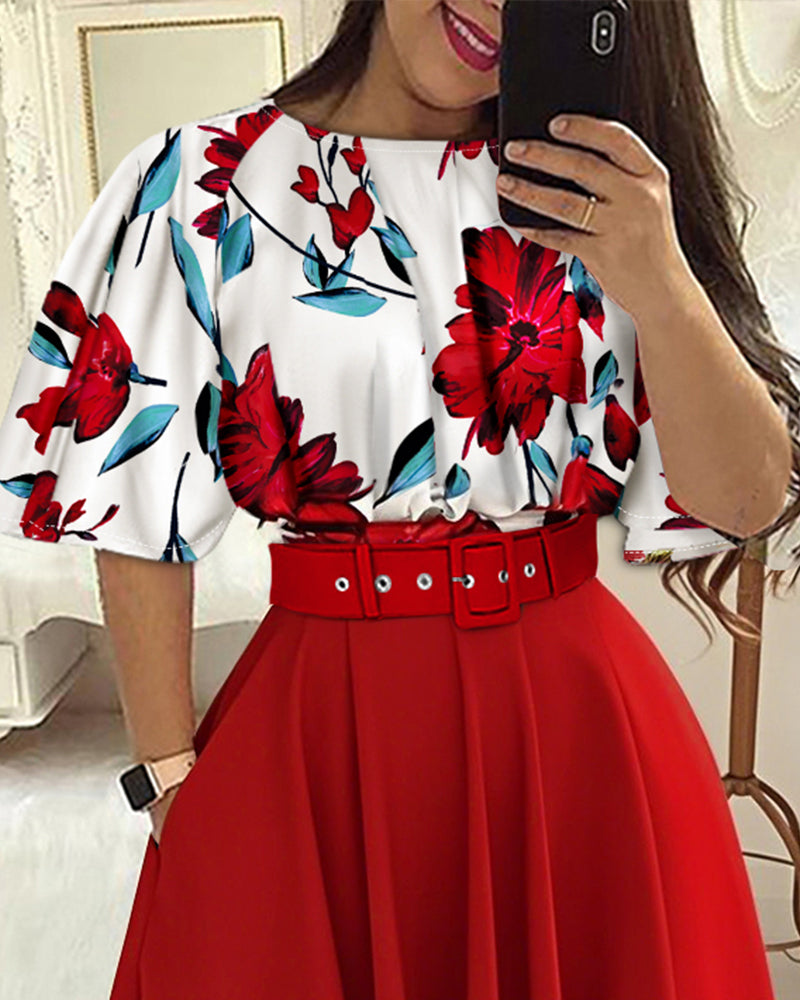 2 Pieces Outfit Floral Print Bell Sleeve Hollow-out Back Shirred Back Hem Top and Casual A-line Skirt Set with Belt