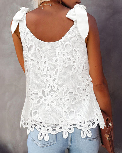 Square Neck Thick Strap Casual Embroidered Lace Tied Detail Tank