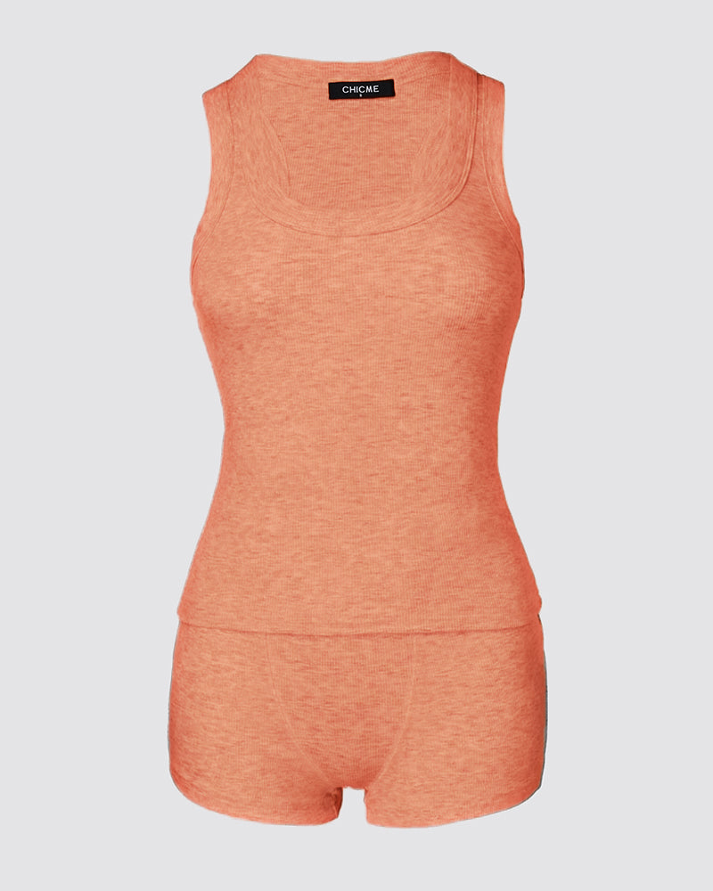 2PCS Micro-Ribbed U-Neck Tank Top & Boxer Set Cozy Loungewear