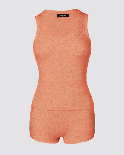 2PCS Micro-Ribbed U-Neck Tank Top & Boxer Set Cozy Loungewear