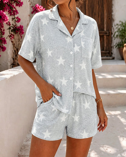 Women's Star Print Pajama Set Half Sleeve Button Down Top and High Waist Shorts Casual Lounge Set