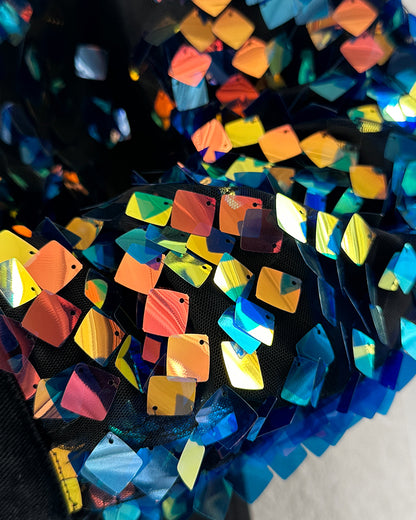 Contrast Sequin Long Sleeve Jacket Top Button Front Raw Hem Loose Fit Shacket