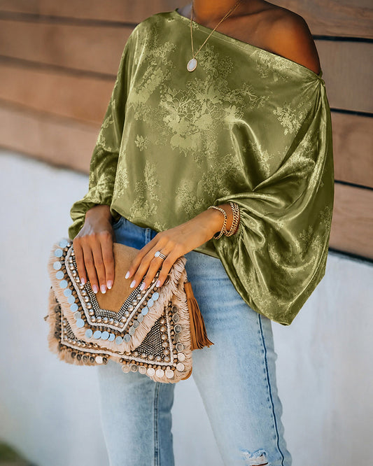 Women's Satin Jacquard Skew Neck Top Loose Vintage Lantern Sleeve Blouse