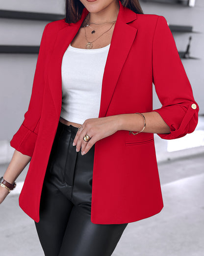 Notched Collar Roll Up Sleeve Blazer Coat
