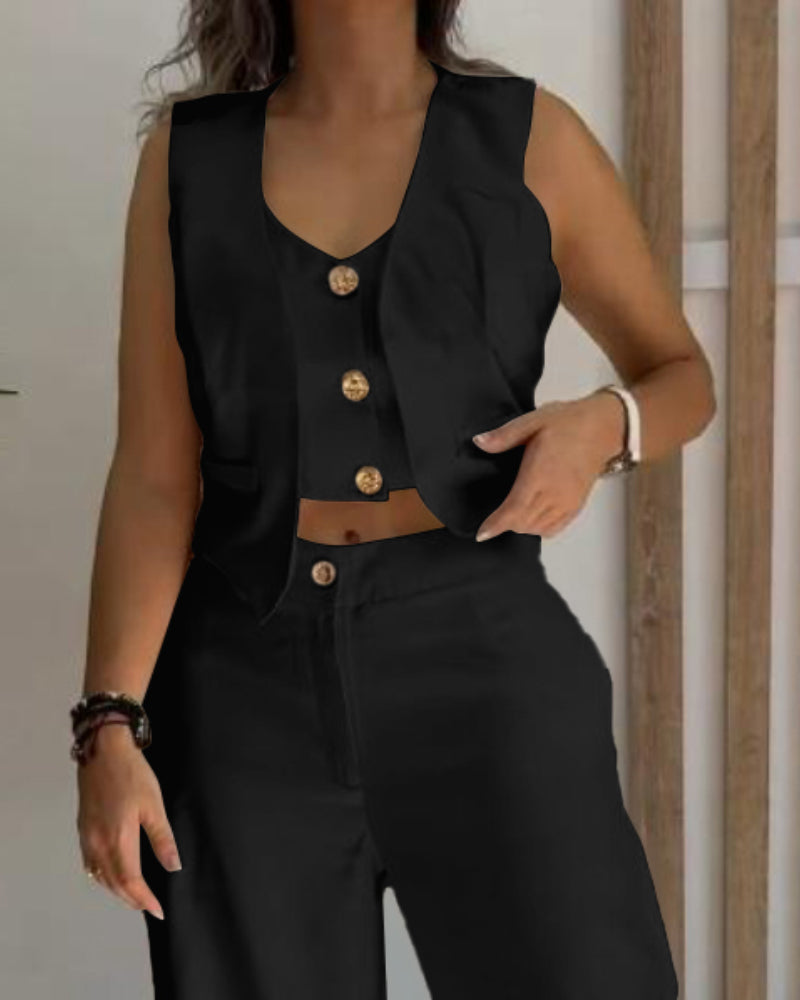 2 Pieces Outfits V Neck Sleeveless Button Front Vest Crop Top And Casual Zipper Fly Elastic Back Waist Wide Leg Pants Set