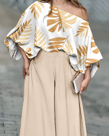 2 Pieces Outfit Tropical Leaves Print Skew Neck Batwing Sleeve Stretchy Hem Top and Zipper Fly Elastic Back Waist Wide Leg Pants Set Casual Loose Fit Set