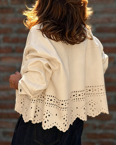 Women's Burnout Pattern Scalloped Hem Suede Coat Lapel Collar Button Front Cropped Jacket