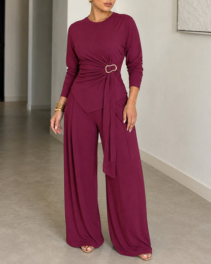Women's 2 Piece Ribbed Knit Set Gold Buckle Asymmetric Long Sleeve Draped Top and Wide Leg Pants Set