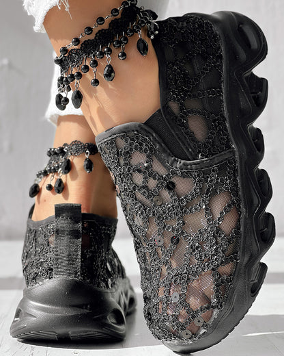 Contrast Sequin Sheer Mesh Patch Breathable Sneakers