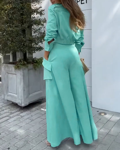 Ruched Long Sleeve Shirt & Wide Leg Asymmetrical Pants Set