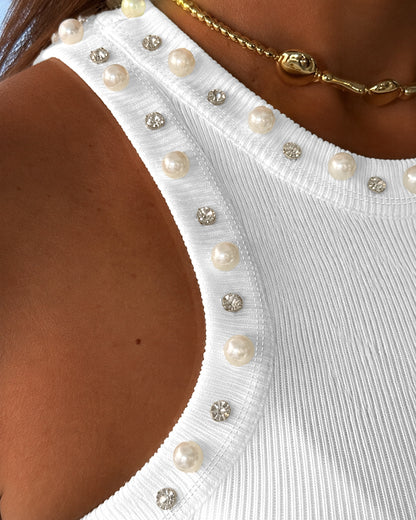 Women's Pearls Rhinestone Knit Racerback Tank Top Ribbed Crewneck Sleeveless Top