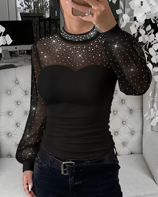 Rhinestone Decor Mock Neck Lantern Sleeve Sheer Mesh Spliced Tee Hollow-out Back Slim Fit Top