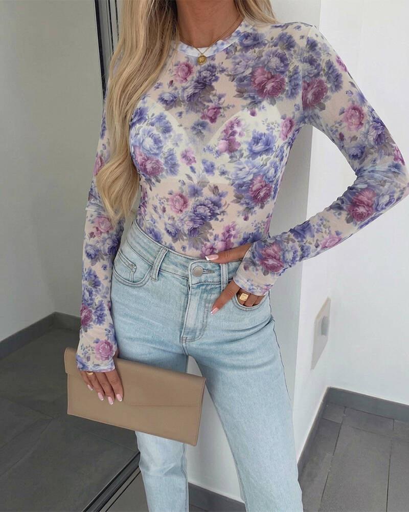 Women's Floral Mesh Long Sleeve Top Sheer O-Neck Slim Fit Blouse for Casual Streetwear & Layering