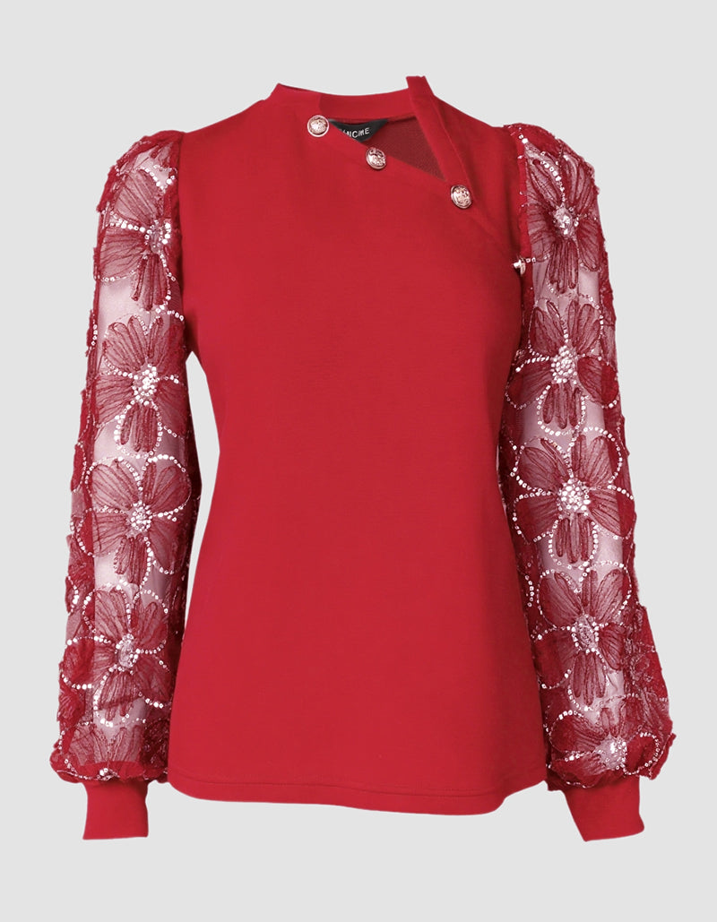 Lace Floral Open Front Long Sleeve Casual Button T-shirt