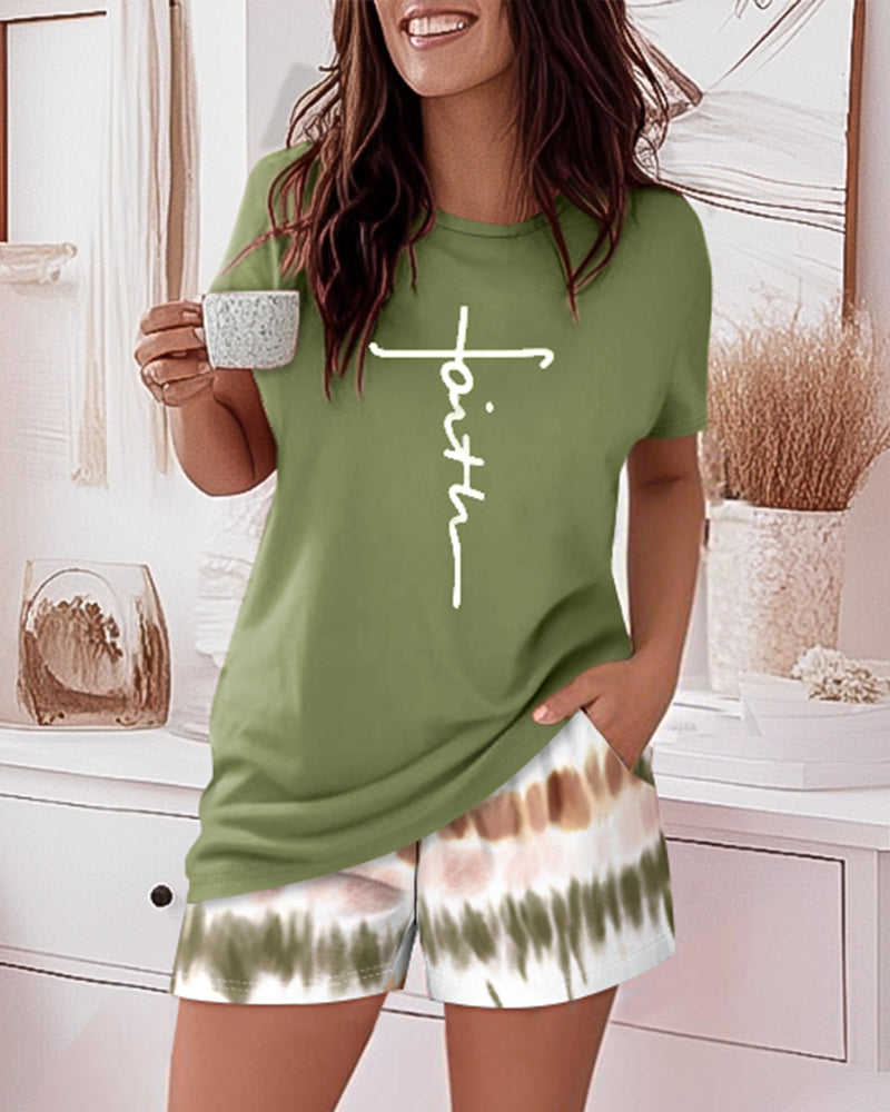 2 Pieces Outfit Graphic Pattern Short Sleeve Top Casual Tie Dye Print Pants Set