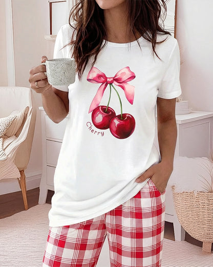 2 Pieces Outfit Cherry & Bowknot Print Short Sleeve Top and Plaid Print Elastic Waist Pants Set Casual Pajamas Set