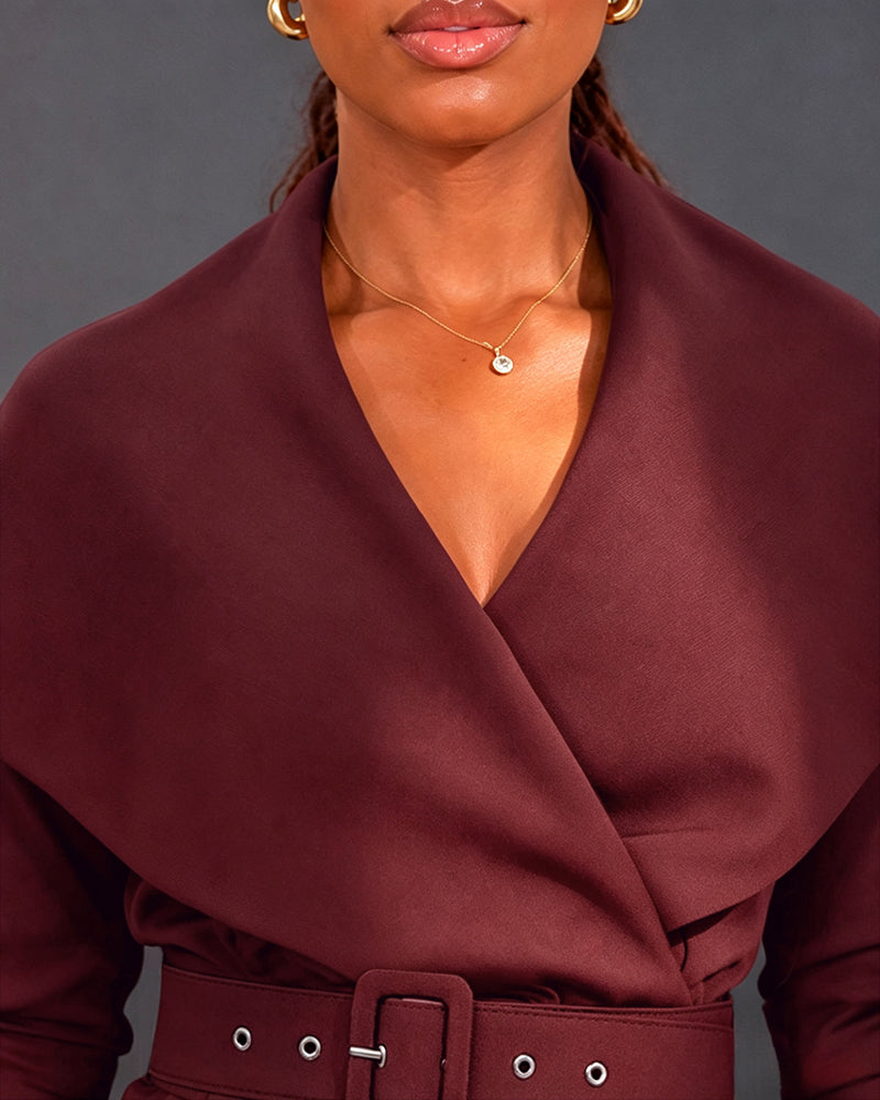 Women's Lapel Collar Wrap V-Neck Long Sleeve Slit Midi Dress with Belt
